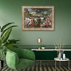 «The Adoration of the Golden Calf» в интерьере гостиной в зеленых тонах