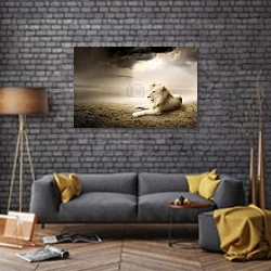 «Белый лев на закате» в интерьере в стиле лофт над диваном