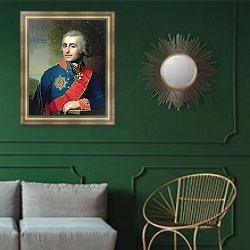 «Portrait of General aide-de-camp Count Pyotr Tolstoy 1799» в интерьере классической гостиной с зеленой стеной над диваном