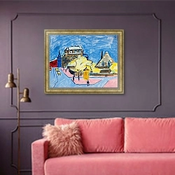 «Уличный пейзаж» в интерьере гостиной с розовым диваном