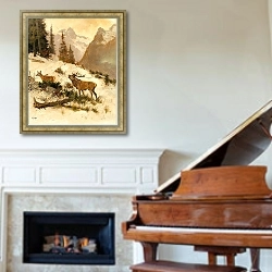 «Косуля в горном пейзаже зимой» в интерьере классической гостиной над камином