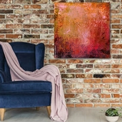 «Абстрактная красная гранж текстура» в интерьере в стиле лофт с кирпичной стеной и синим креслом