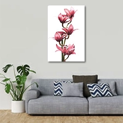 «Ветка розовой орхидеи» в интерьере гостиной в скандинавском стиле с серым диваном