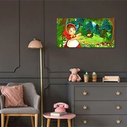 «cartoon scene with  Little Red Riding Hood  walking in forest, colorful illustration for children» в интерьере детской комнаты для девочки в серых тонах