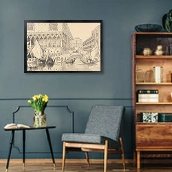 «Мост вздохов и часть дворца дожей» в интерьере гостиной в стиле ретро в серых тонах