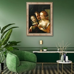 «Laughing Couple with a mirror, 1596» в интерьере гостиной в зеленых тонах