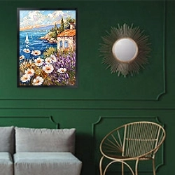 «Flower lullaby at sundown» в интерьере классической гостиной с зеленой стеной над диваном