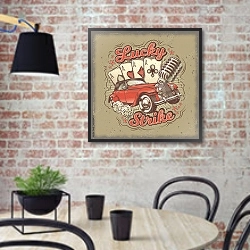 «Ретро-плакат с четырьмя тузами, ретро автомобилем и старым микрофоном» в интерьере кухни в стиле лофт с кирпичной стеной