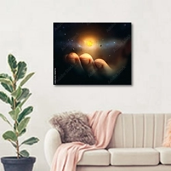 «Галактика в руке» в интерьере современной светлой гостиной над диваном