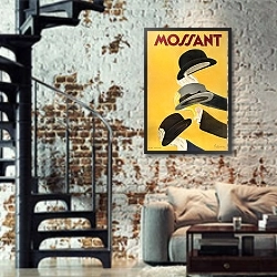 «Mossant» в интерьере двухярусной гостиной в стиле лофт с кирпичной стеной