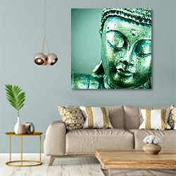 «Голова будды 3» в интерьере современной гостиной с голубыми стенами