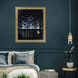 «Рыбацкий домик» в интерьере классической спальни с темными стенами