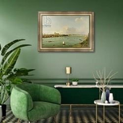 «View of the Thames from South of the River» в интерьере гостиной в зеленых тонах
