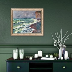 «Mer agitée à Pourville» в интерьере прихожей в зеленых тонах над комодом