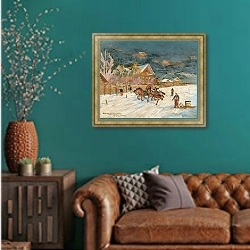 «Winter Landscape» в интерьере гостиной с зеленой стеной над диваном