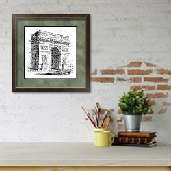 «Triumphal Arch or Arc de Triomphe, Paris, France. Vintage engraving.» в интерьере кабинета с кирпичными стенами над письменным столом