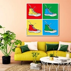 «Четыре кроссовки на цветном фоне» в интерьере гостиной в стиле поп-арт с желтым диваном