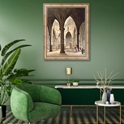 «Temple Church, 1809» в интерьере гостиной в зеленых тонах