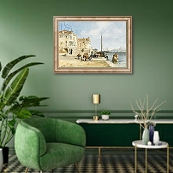 «View of the Zattere dock, Venice» в интерьере гостиной в зеленых тонах
