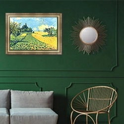 «Поля на холмах близ Аржантея» в интерьере классической гостиной с зеленой стеной над диваном