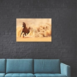 «Арабский скакун 2» в интерьере в стиле лофт с черной кирпичной стеной