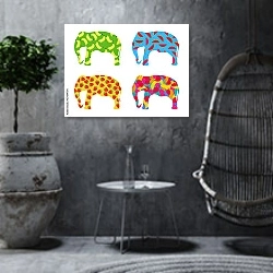 «Индийские слоны с рисунком ягод и фруктов» в интерьере в этническом стиле в серых тонах