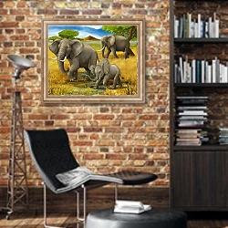 «Слоны» в интерьере кабинета в стиле лофт с кирпичными стенами