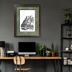 «Falaise Castle in Normandy, France, vintage engraving» в интерьере кабинета с серыми стенами