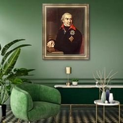 «Портрет княза Г.С.Волконского. 1806» в интерьере гостиной в зеленых тонах