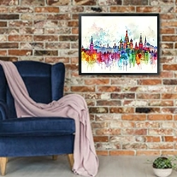 «Moscow skyline» в интерьере в стиле лофт с кирпичной стеной и синим креслом