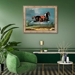 «The piebald horse 'Cehero' rearing» в интерьере гостиной в зеленых тонах