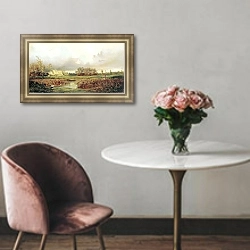 «Болото осенью. 1871» в интерьере гостиной с розовым диваном