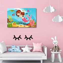 «Русалочка в океане» в интерьере детской комнаты для девочки в розовых тонах