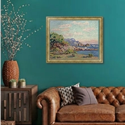 «Вершина Лу-ГАУ» в интерьере гостиной с зеленой стеной над диваном