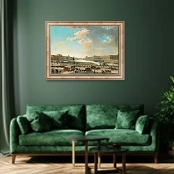 «View Of Paris Taken From The Place Dauphine» в интерьере зеленой гостиной над диваном