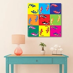 «Рыбки кои, поп-арт» в интерьере в стиле поп-арт над голубым столиком