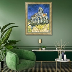 «Церковь в Овере» в интерьере гостиной в зеленых тонах