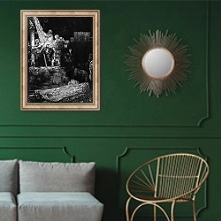 «The Descent from the Cross with a Torch, 1654 2» в интерьере классической гостиной с зеленой стеной над диваном