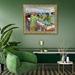 «Рыбный рынок» в интерьере гостиной в зеленых тонах