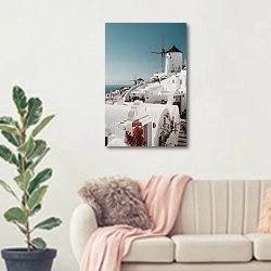 «Белое на белом. Санторини, Ия, Греция» в интерьере современной светлой гостиной над диваном