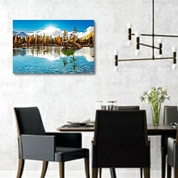 «Швейцария. Озеро Saoseo осенью» в интерьере современной столовой с черными креслами