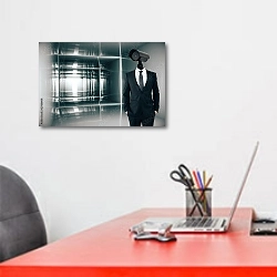 «Бизнесмен с головой - камерой видеонаблюдения» в интерьере офиса над рабочим местом сотрудника