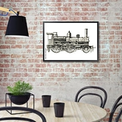 «Винтажный локомотив на белом фоне» в интерьере кухни в стиле лофт с кирпичной стеной