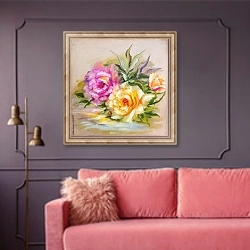 «Розовая и желтая розы» в интерьере гостиной с розовым диваном