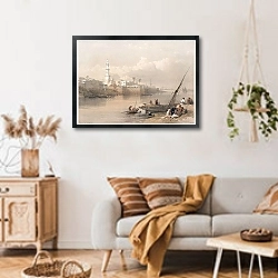 «Вид на Нил; переправа на пароме в Гизу.» в интерьере гостиной в стиле ретро над диваном