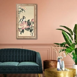 «Great tit on branch with pink flowers» в интерьере классической гостиной над диваном