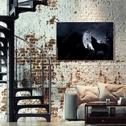 «Волк воющий на луну» в интерьере двухярусной гостиной в стиле лофт с кирпичной стеной