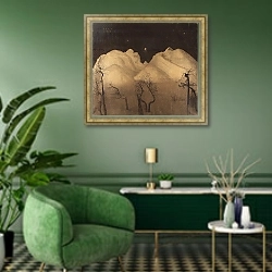 «Зимняя ночь в горах. Изучать» в интерьере гостиной в зеленых тонах