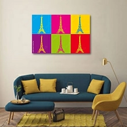 «Эйфелева башня на разноцветном фоне» в интерьере гостиной в стиле поп-арт с желтыми деталями