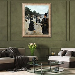 «Elegants Wandering In Paris» в интерьере гостиной в оливковых тонах